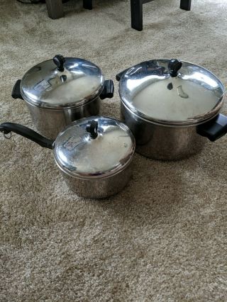 Vintage Farberware Stainless Steel Aluminum Clad 6,  4 And 2 Quart Pots.