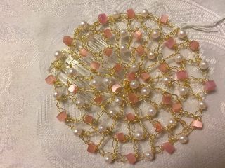 Pink And Pearl Beads Gold Tone Wire Kippa Yarmulke Judaica Artist Hand Made