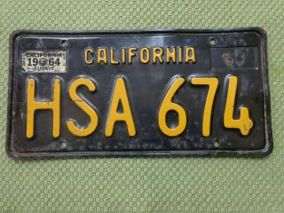 Hsa 674 Vintage California Black License Plate 1963 Hsa 674 W/64 Tag