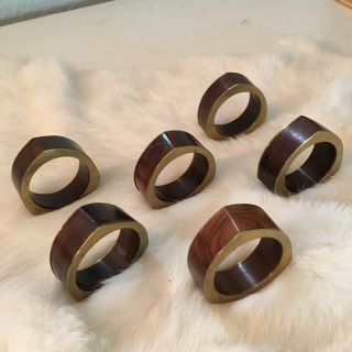 6 Set Wooden Mid Century Modern Wood Napkin Ring Holders Round Triangles Mcm
