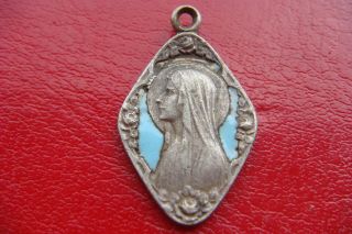 Antique France Blue Enamel Lourdes Virgin Mary Medal Pendant