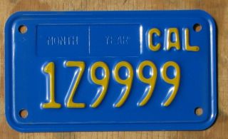 California Blue Motorcycle Sample License Plate 1982 1z9999