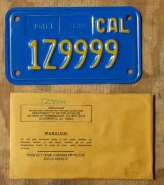 CALIFORNIA BLUE MOTORCYCLE SAMPLE license plate 1982 1Z9999 2