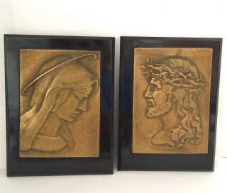 Vintage Set Of 2 Retro Brass On Wood Plaques Of Jesus And Mary 1940 