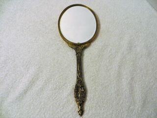 Vintage Solid Brass Hand Held Mirror Ornate Detail Beveled Glass 13.  5 " Long