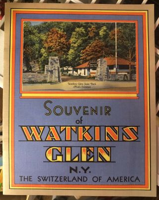 Vtg Curt Teich Watkins Glen Ny Linen Souvenir Postcard Booklet Envelope Scenic
