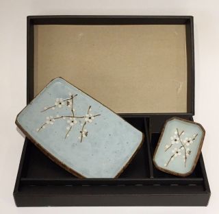 Sousaku Japanese Stoneware Blue Plates W Cherry Blossom 2 Pc W/o Chopsticks