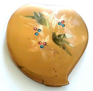 Vintage Elgin American Gold Heart Compact With Enameled Birds & Jeweled Nests.