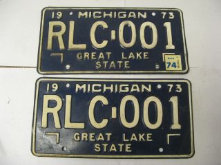 1973 73 1974 74 Michigan Mi License Plate Rlc - 001 Pair Natural Sticker