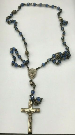 Vintage Creed Blue Crystal Double Capped Rosary On Sterling Silver Nr