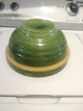 Vintage Green Glaze Pottery Stoneware Mixing Bowl Ringed.  10 7/8 " D X 5 1/2 " H