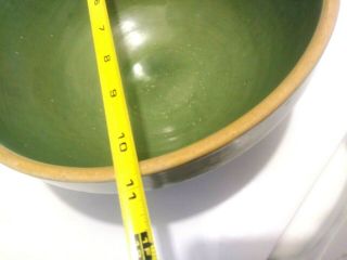 Vintage Green Glaze Pottery Stoneware Mixing Bowl Ringed.  10 7/8 