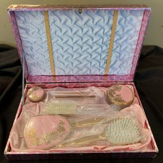 Vintage Comb Brush Mirror Vanity Set Gold Finish Pink Floral