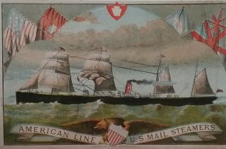 Antique,  Victorian Card.  American Line U.  S.  Mail Steamer,  Info Card.  Ap 14x9cms