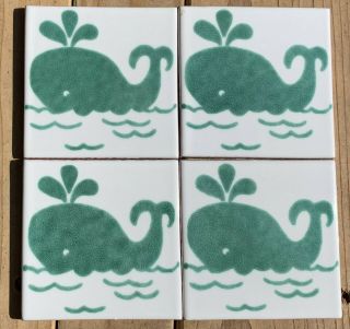 10 Talavera Mexican Pottery 4 " Tile Traditional Washed Green Bright White Fish