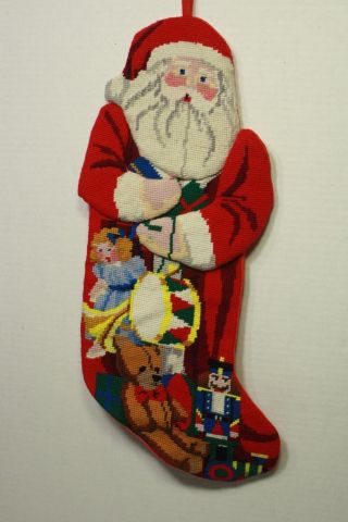 Vintage Needlepoint Santa W Toys Christmas Stocking Wool W Cotton Back 19 "