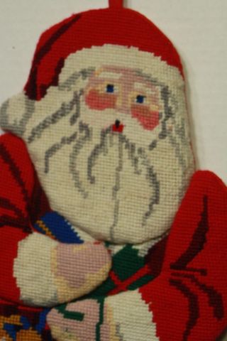 Vintage Needlepoint Santa w Toys Christmas Stocking Wool w Cotton Back 19 