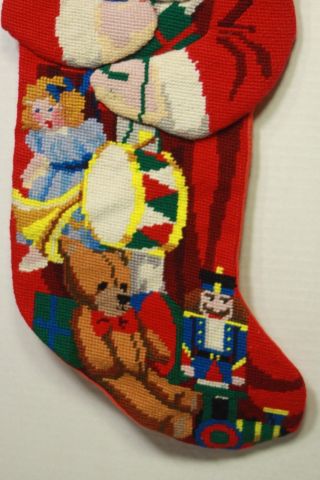 Vintage Needlepoint Santa w Toys Christmas Stocking Wool w Cotton Back 19 