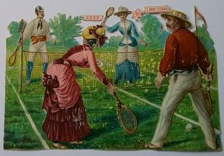 1870s Antiqueembos Chromo Victorian Scrap.  Lawn Tennis Match 15.  5x10.  5cm See Des