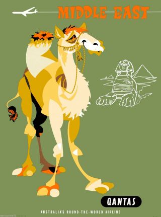 Middle East Arabian Camel Qantas Vintage Travel Advertisement Art Poster