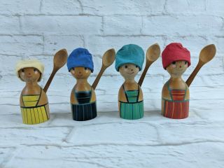 Vintage Wooden Egg Cups With Hats And Spoons Set Of 4 Red Green Blue Yellow 4 "