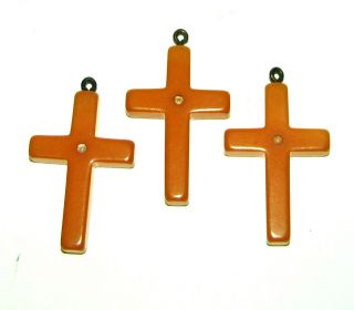 Vintage Set Of Three 3 Butterscotch Bakelite Stanhope Peephole Crosses -