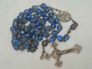 Antique Art Glass Cobalt Blue Faceted Beaded Rosary 5 Generation Italian Cross