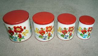 Vintage Parmeco 4 - Piece Metal Canister Set With The Pansy Flower Pattern