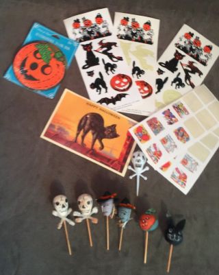 Rare Vintage Halloween Heads Toothpick Cupcake Decor Paper Spun Japan,  Stickers