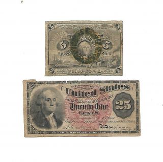 Set Of 2 U.  S.  Fractional Notes: 5 Cents,  25 Cents Notes 1860s Vg,  /afine