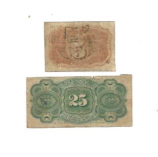 Set of 2 U.  S.  Fractional notes: 5 cents,  25 Cents notes 1860s VG,  /aFine 2
