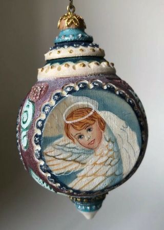 Angel Hand Painted Triple Sided Carved Christmas Ornament Blue Pink & White