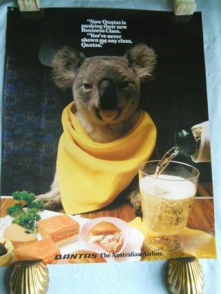 C1980s Qantas Airlines Travel Poster Koala Business Class Meal Australia