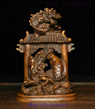 Old Chinese Feng Shui Boxwood Wood Carved Fish Squid Jumping Dragon Gate Statue