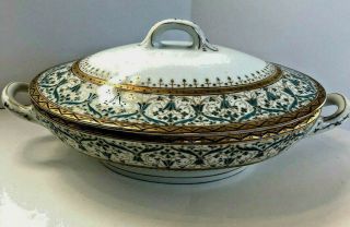 Oval Serving Bowl With Lid Aqua Enameled Moriage And Gold Vtg Czech