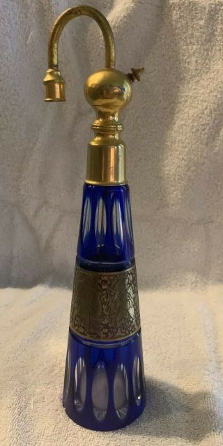 Vintage French Perfume Glass Atomizer Blue With Gold