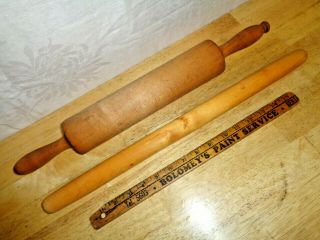 2 Vintage Rolling Pin 11 X 2.  5 One Piece Rock Maple 20 " & French Rolling Pin 20 "