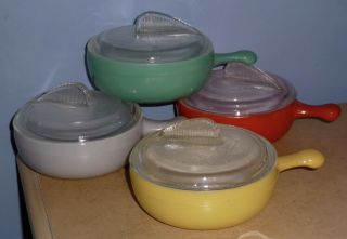 4 Vtg Glasbake French Casserole Handle Soup Chili Individual Bowls With Lids