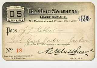 1898 The Ohio Southern Railroad Annual Pass J L Kibbee