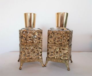 Ormolu Square Perfume Bottles Footed Gold Filigree,  Set Of 2,  Hollywood Regency