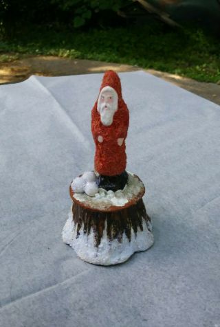 Antique Style Paper Mache Santa On Stump Candy Container