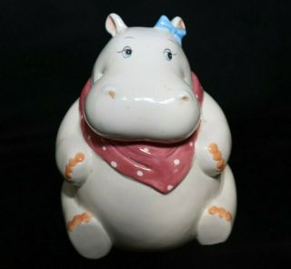 Vintage Ceramic Antique Hippo Cookie Jar Hippopotamus 9 " White Pink