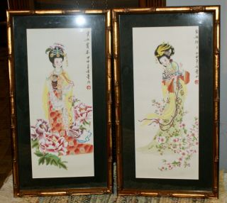2 Framed Vintage Prints Of Japanese Geisha Girls In Their Flower Gardens
