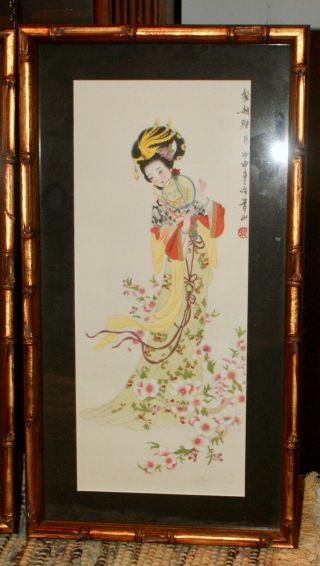 2 Framed Vintage Prints Of Japanese Geisha Girls In Their Flower Gardens 3
