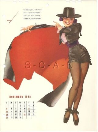 Org Vintage Risque Pinup Calendar - George Petty - Ballerina - Matador - Nov 1955