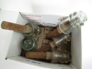 Antique Telephone Insulators On The Wood Holders Box Of Them