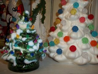 Tiny Holly Green Ceramic Xmas Tree Lite Covered With Snow Toy Doll House Size