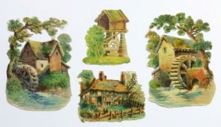 Old Water Mill Country Cottage 4 Victorian Die Cut Scrap C 1880 