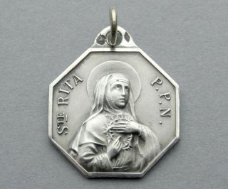 French,  Antique Religious Sterling Pendant.  Saint Rita.  Art Deco Silver Medal.