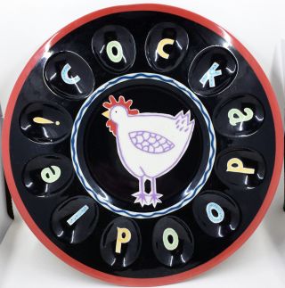 Ceramic Deviled Egg Platter Cockadoodle By Becky Denny Chicken Center 12 "